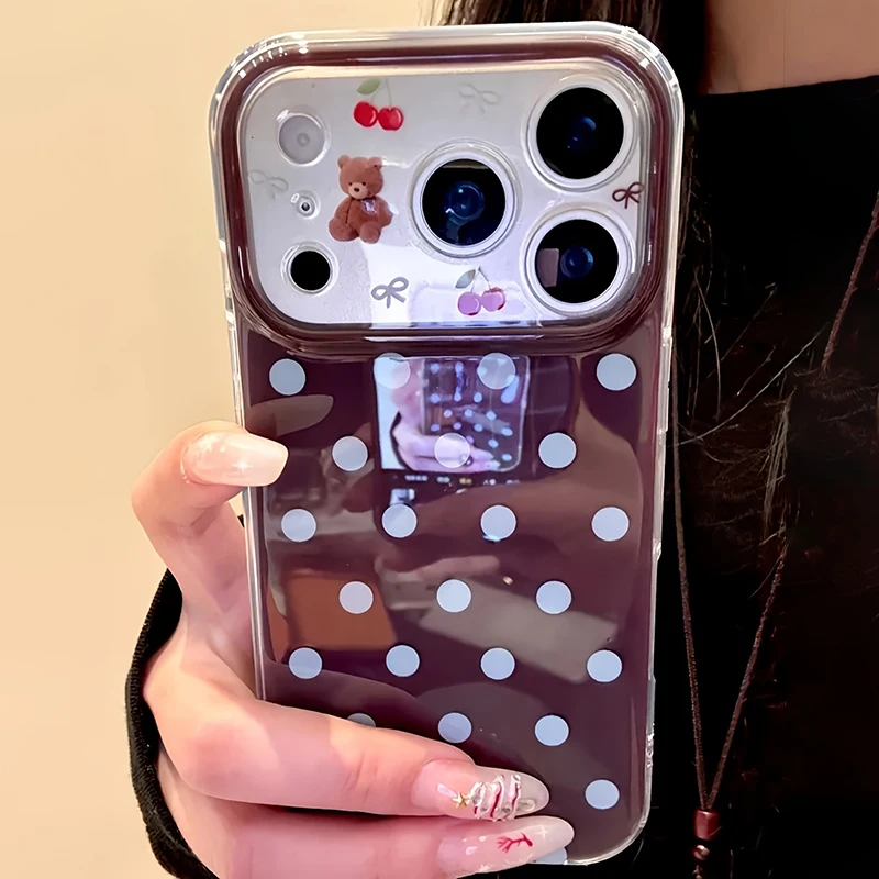 Coque de téléphone en silicone souple antichoc avec motif ours à pois et nœud cerise pour iPhone 17 16 15 14 13 12 11 Pro Max