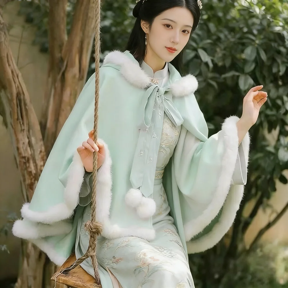 

2024 Autumn Winter Women Sweet Lolita Cloak Cute Bear Ear Hooded Outwear Kawaii Clothes Chinese Buckle Button Up Neck Cloaks