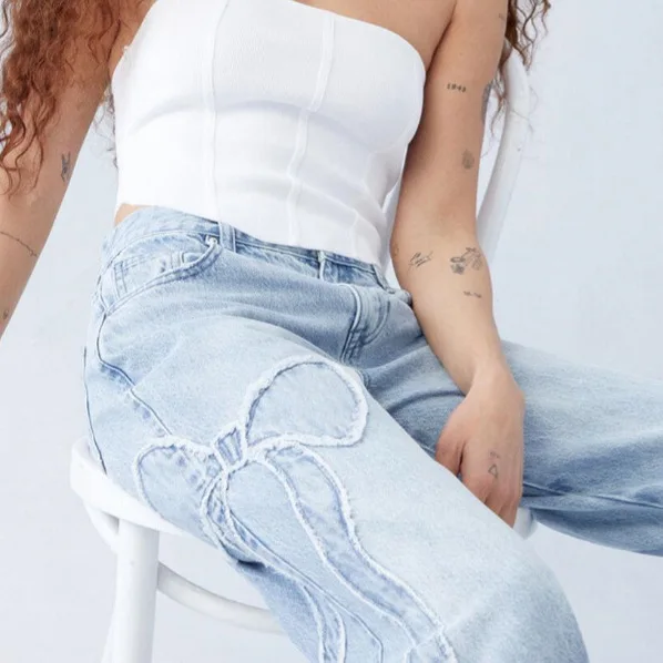 2026 Trendy Y2K Vintage Women Jeans Butterfly Embroidery Side Frayed Raw Edge High Street Casual Baggy Straight Leg Denim Pants