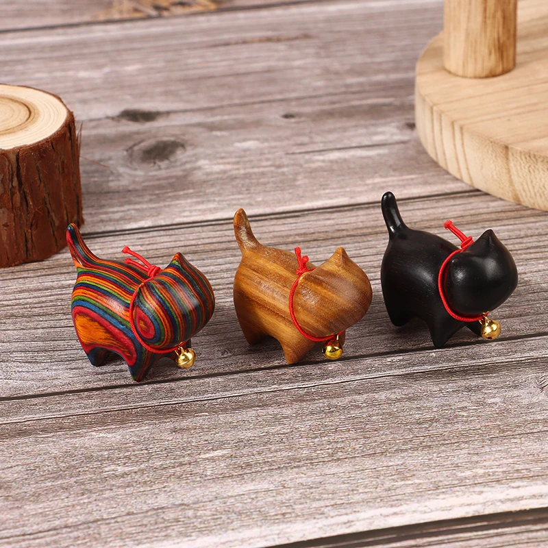 Cute Wooden Cat Statue Carved Miniature Rainbow Cat Ornament Sculpture For Bookcase Bedroom Living Room Table