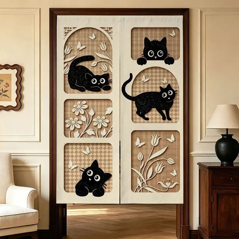 Retro Checkered Cartoon Black Cat Door Curtain, Butterfly Tulip Pattern, Home Use, No Punching, Room Cover, Decorative Curtain