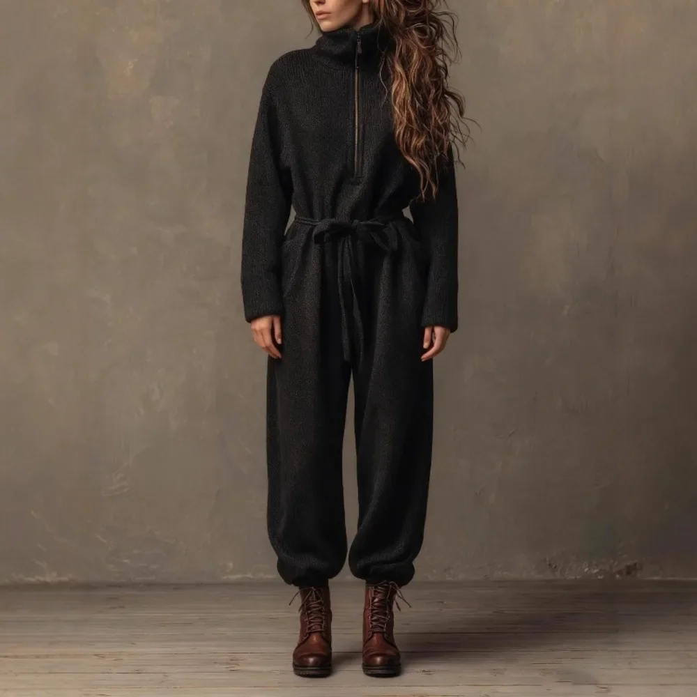

Women Waist Jumper Zipper Pockets Stand Collar Sweatshirt Leggings Jumpsuits Sashe Loose Pants Lace Up Autumn Sporty Casual