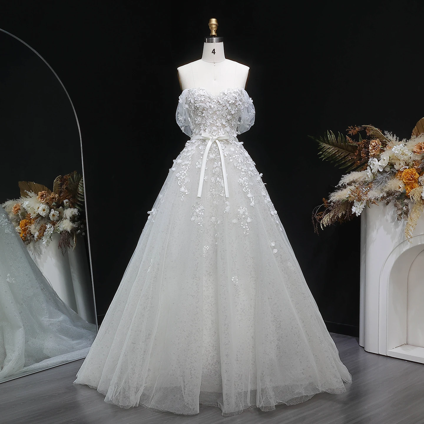 Sharon Said Luxury Off Shoulder Sweetheart Neck Wedding Dress 3D Floral Alliques Tulle Sash Bow Bride Gown SW629 Customized