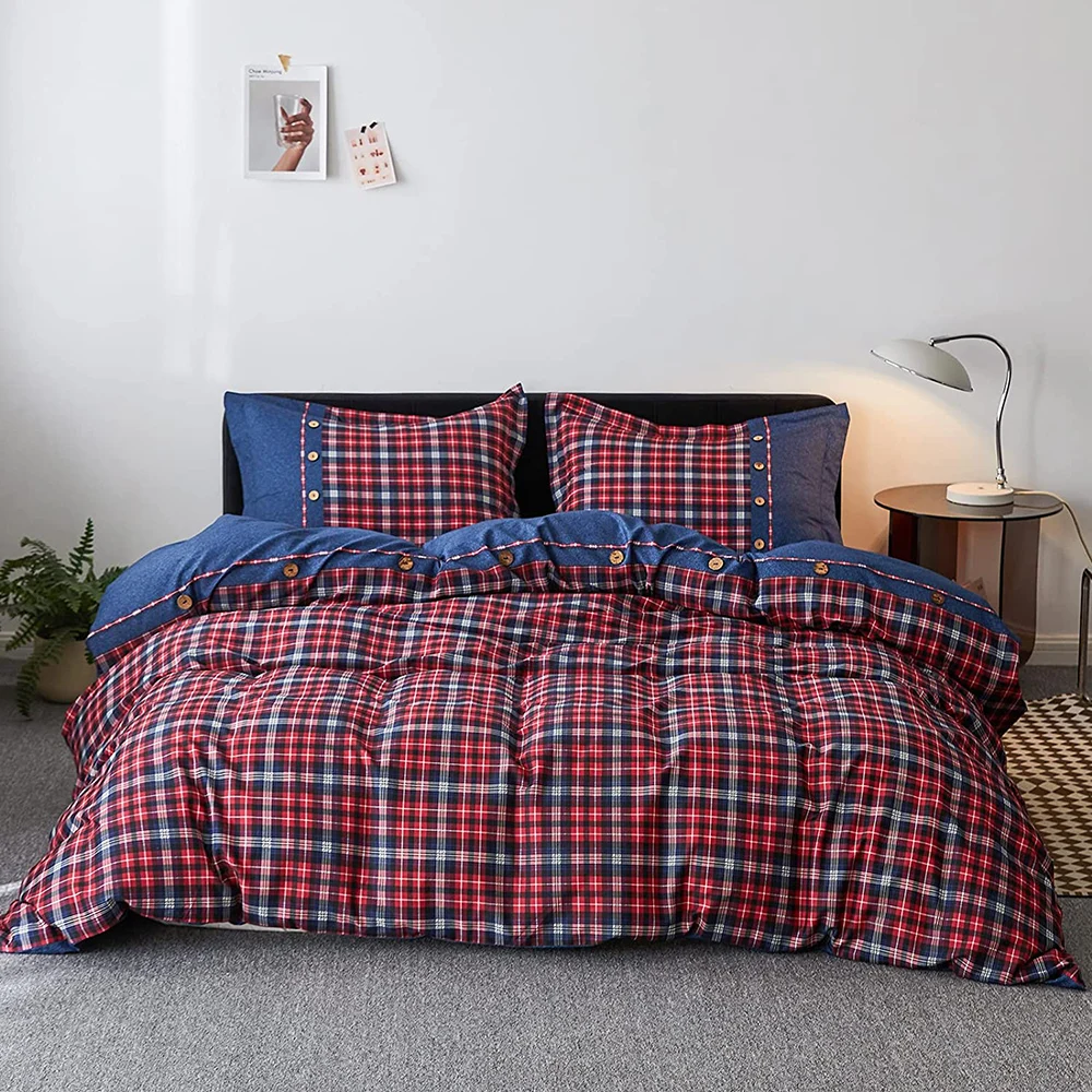 

Simple&Opulence 100% Cotton Flannel 3Pcs Double Bed Linens Bedding Set Plaid King Size Pillowcase Duvet Cover comforter Sheet