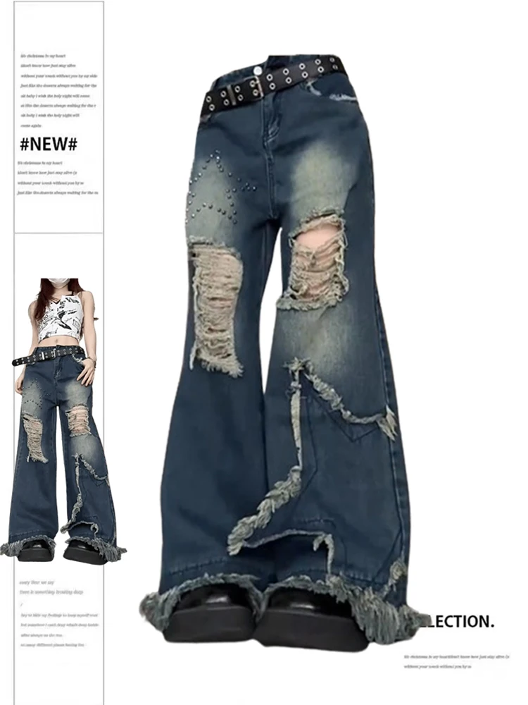 Women's Blue Ripped Star Jeans Harajuku Y2k Baggy Oversize Denim Trousers Japanese 2000s Style Jean Pants Vintage Trashy Clothes