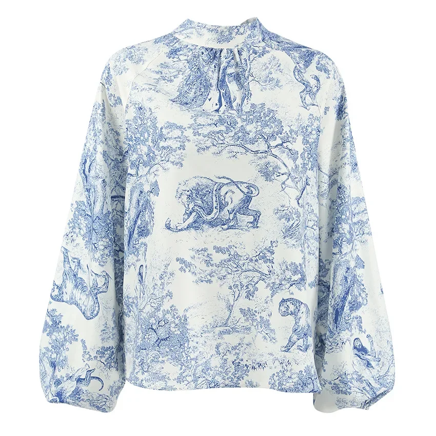 Blusa holgada de estilo francés para mujer, camisa con estampado de manga farol, a la moda, con personalidad, combina con todo, novedad de otoño, 2024