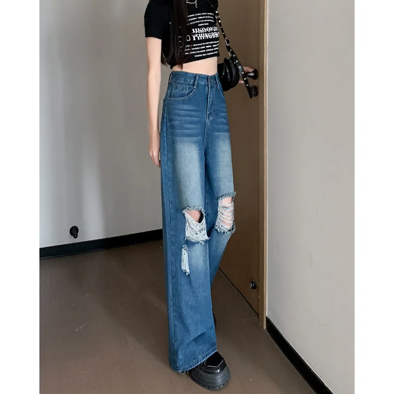 

Blue High Waist Women Jeans Worn-out American Fashion Trend Wide Leg Jean Y2K Style Female Trouser Straight Baggy Denim Pants