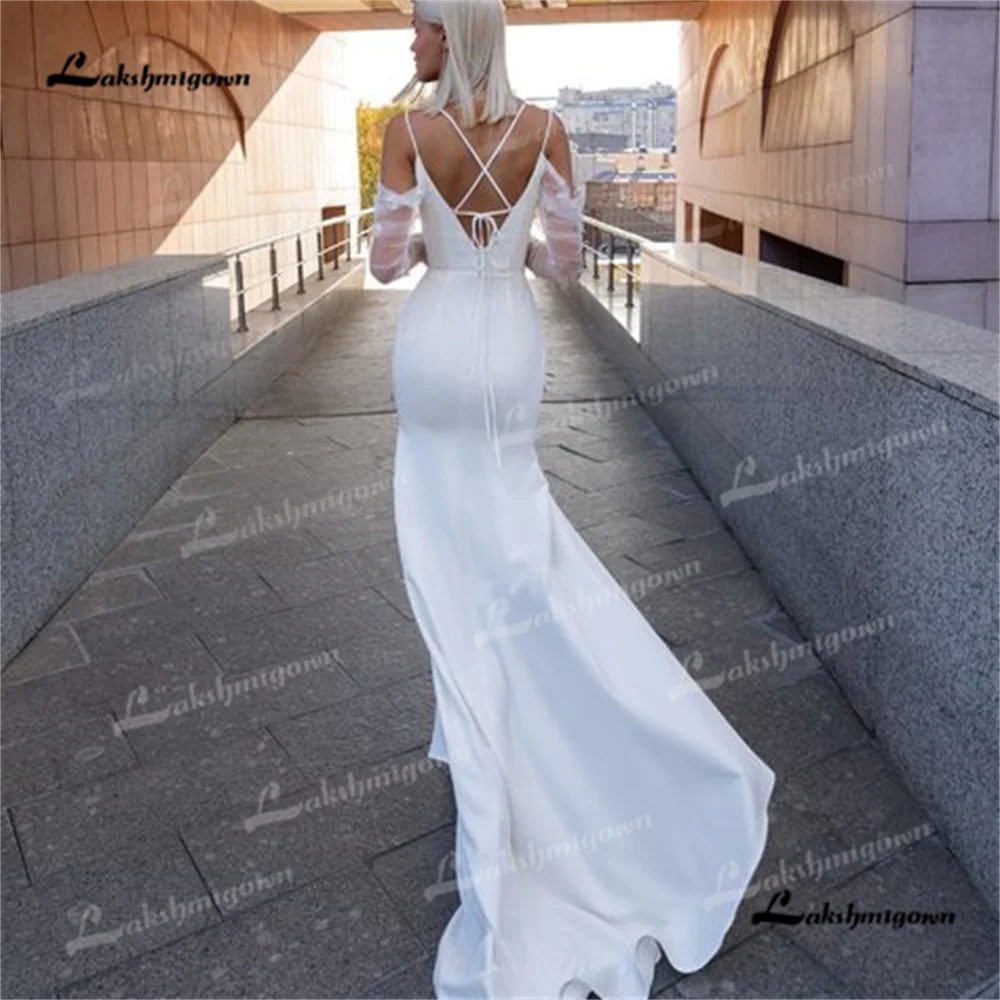 Lakshmigown V Neck Mermaid Wedding Dress 2025 Lace Side Slit Court Train Wedding Gownvestido de novia manga larga eleganteparty