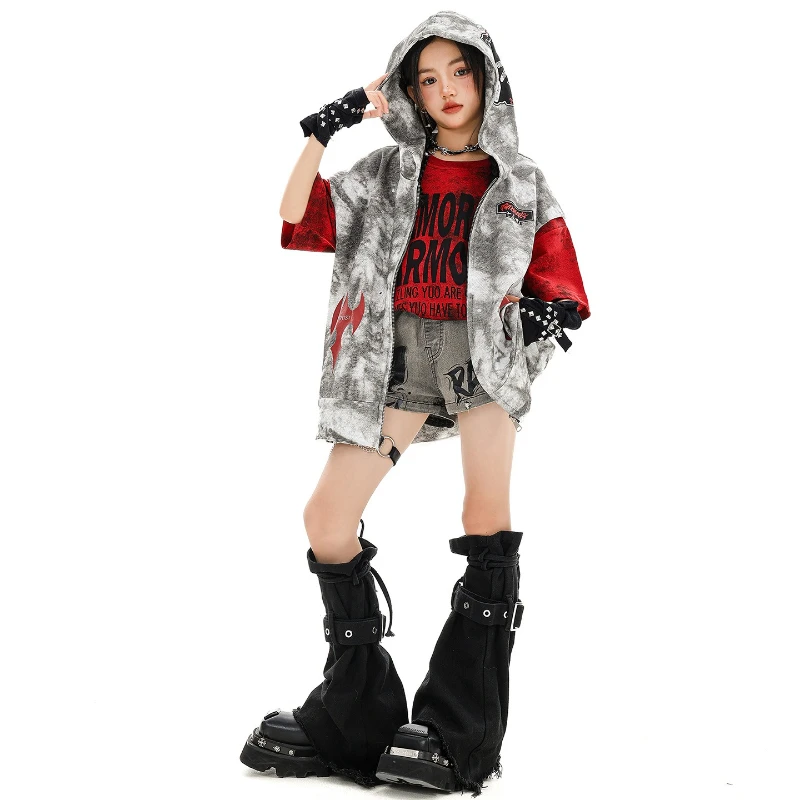 Mädchen Hip Hop Coole Weste Mit Kapuze Denim Shorts Mode Street Dance Kostüme Gruppe Streetwear Jazz Bühne Leistung Kleidung Sets