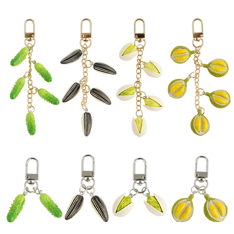 Creative Pistachio Durian Melon Seeds Cucumber Keychain Funny Food Keyring Bag Pendant Car Key Holder Earphone Charms Trinket