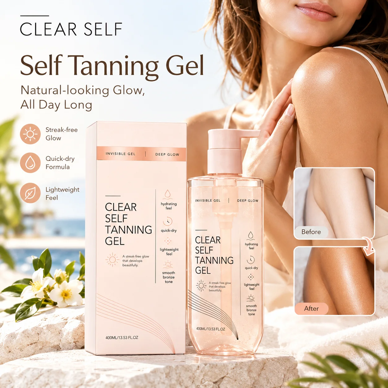 Streak-Free Clear Self Tanning Gel Helps Body Skins Natural Bronze Glow,Deep Hydrating Fast Absorb Body Tanner Lotion 13.53oz