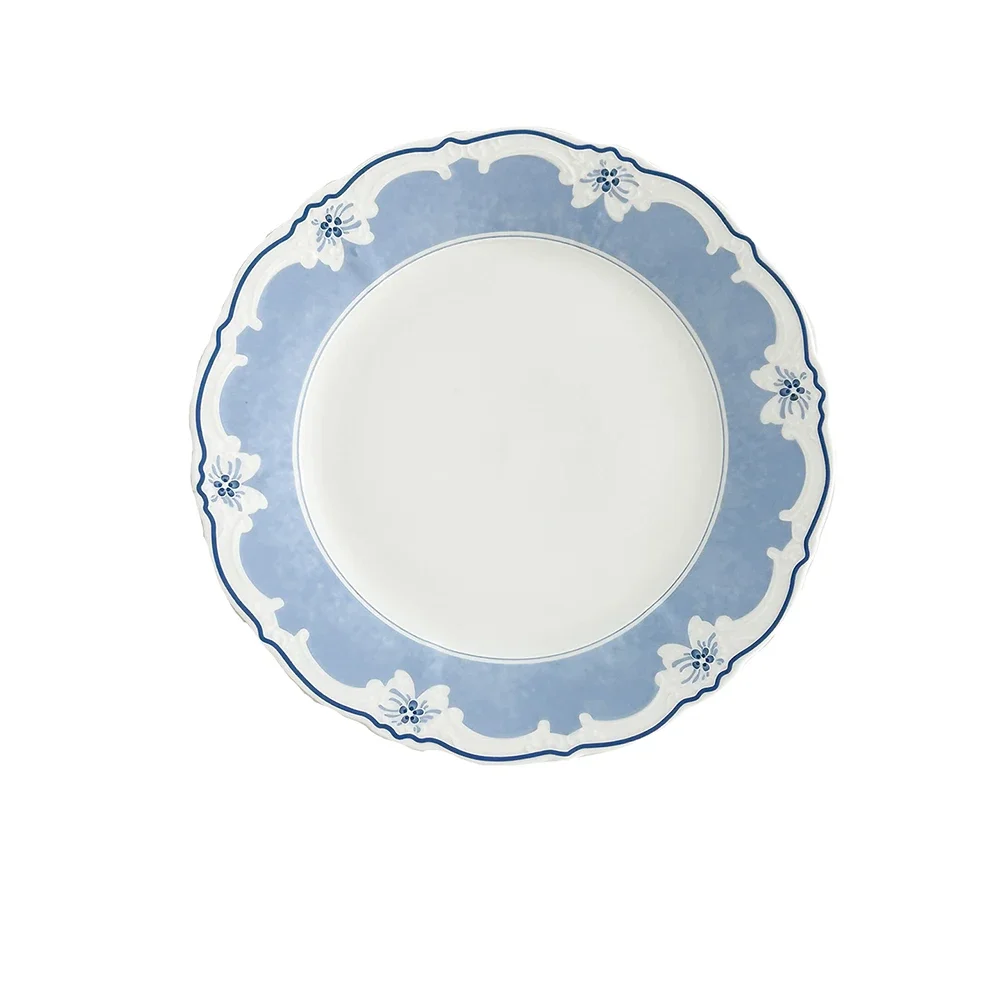 French Style Contrast Color Flat Ceramic Plate Floral Edge Porcelain Homehold Dinnerware Snacks Dessert Cake Bread Plates