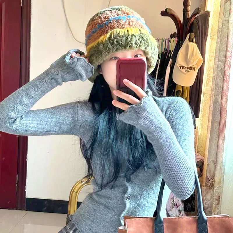 

Colorful Gradient Wool Striped Bucket Hat For Women Winter Thicken Warm Knitted Panama Bob Female Plush Fisherman Hats Basin Cap