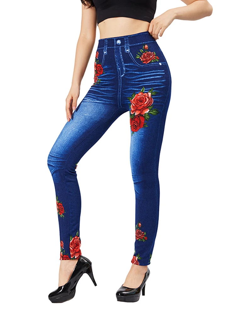 YSDNCHI Vintage Stretch Workout Yoga Leggings Red Rose Flower Print Casual Fake Jeans Slim Fit Blue Women False Jeggings