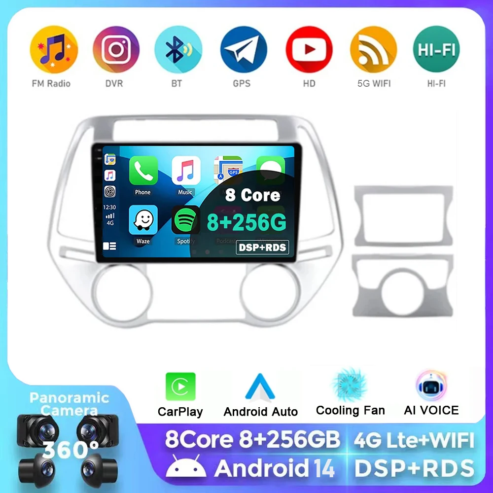 

Android 14 Carplay Car Radio For Hyundai i20 2008 2009 - 2014 Navigation Multimedia Player Stereo WiFi+4G BT DVD auto DSP 2 DIN