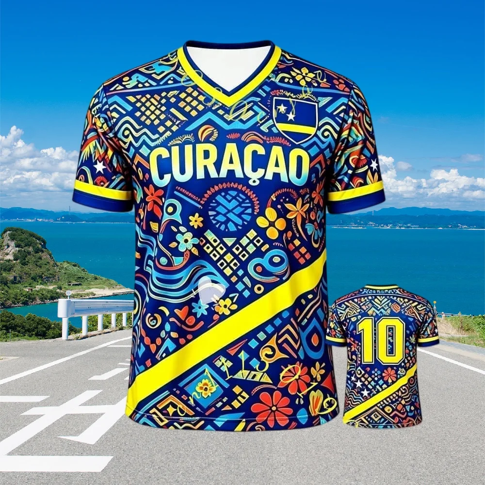 26-27 3D Printing Curacao Tribe Parent Child Football Summer and Autumn Sports Leisure Quick Drying Football T-shirt
