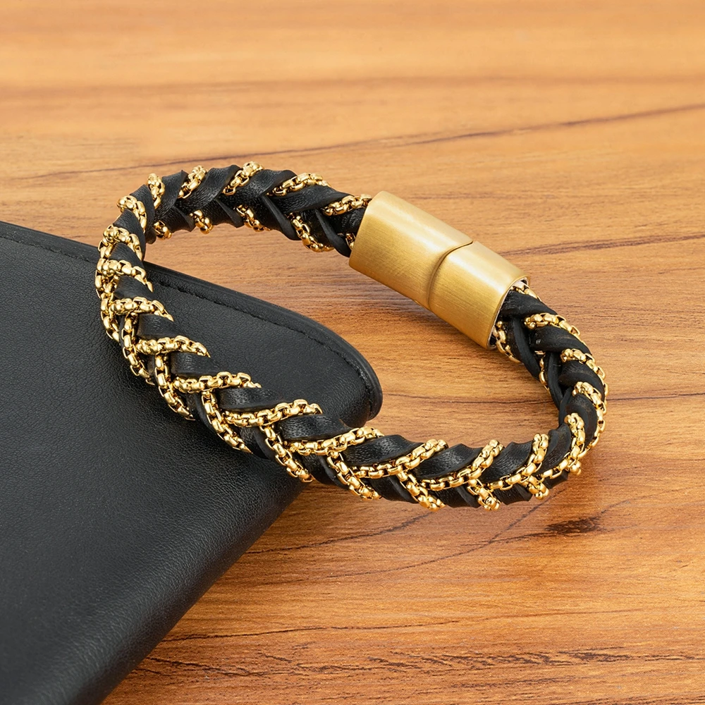 XQNI Woven Leather Bracelet Rope Wrap Special Style Classic Stainless Steel Men\'s Leather Magnetic Clasp Charm Bangles Gift