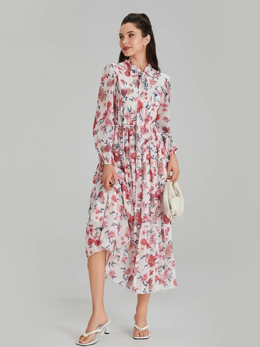 

Women Shirt Dress Casual Floral Print Tie Bow Long Sleeve A-Line Party Dress for Beach Vacation Cocktail Club Streetwear