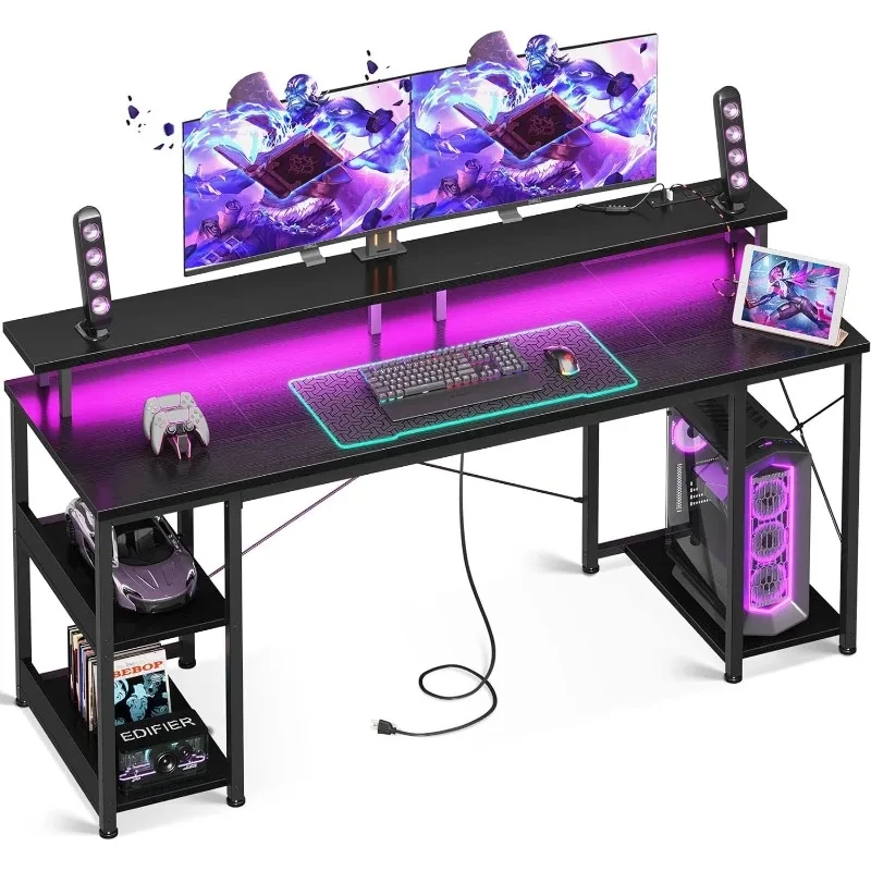 

55 inch Gaming Desk with LED Lights & Power Outlets, Computer Desk with Monitor Stand & Storage Sheves, CPU Stand