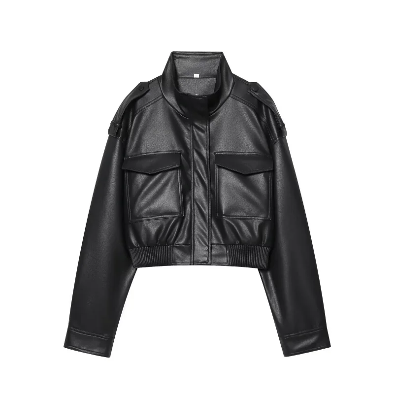MUJER Kunstleer Cropped Jas Dames Bomber Demi-seizoen Jassen voor Dames Lange Mouw Damesjassen Zip Overjas Jas Dames