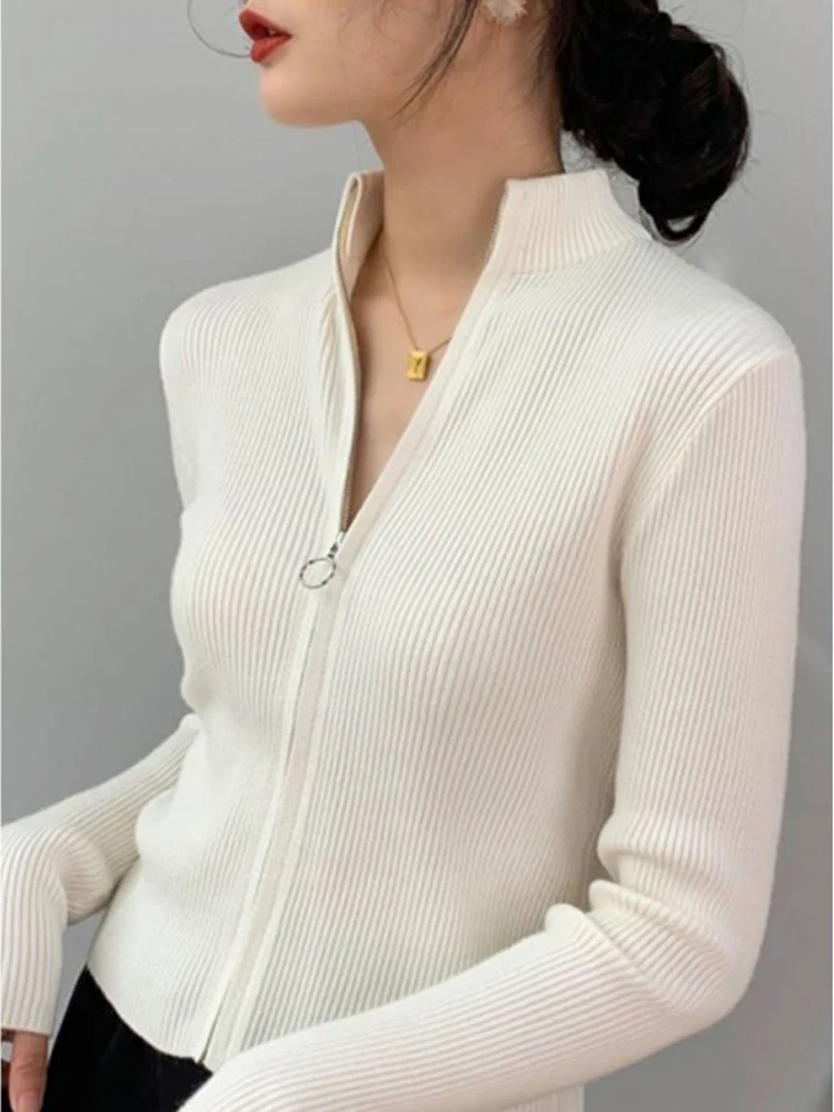 Spring Autumn Zipper Cardigan Women Sweaters Knitted Long Sleeve Stand-up Collar Tops Korean Fashion Short Sweater for Female