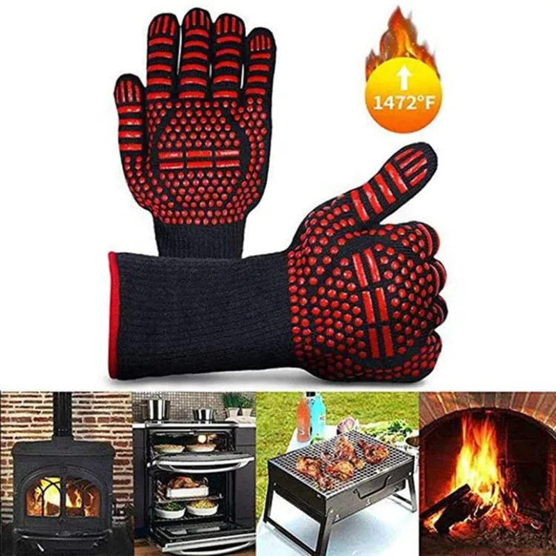 BBQ Grill Gloves High Temperature Resistance Kitchen Microwave Oven Mitts 500 800 Degree Fireproof Non-Slip Barbecue Gloves