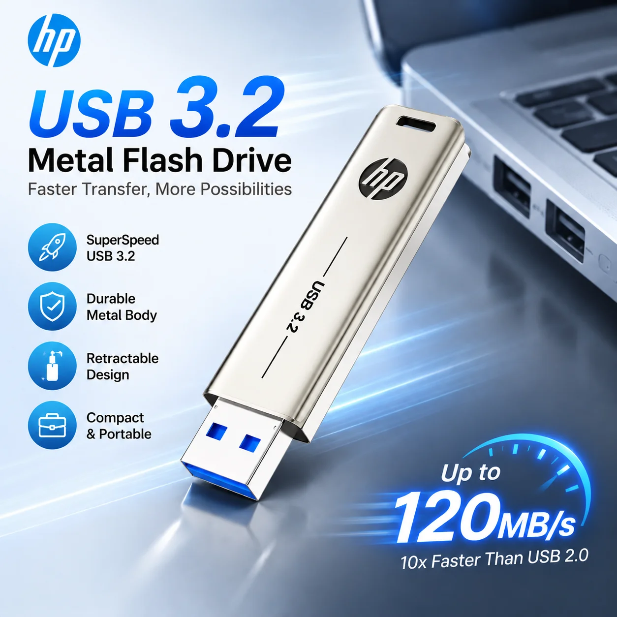 HP X796W USB 3.2 Flash Drive 32GB 64GB 128GB 256GB Metal Memory Stick Retractable Design High Speed Data Storage U Disk