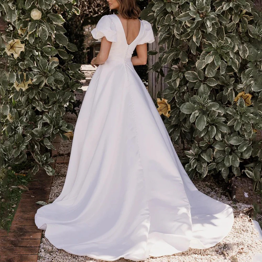 Simple Puff Short Sleeve Wedding Dress V-Neck A-Line Floor Length Satin with Buttons and Belt Bridal Customized Gown Robe