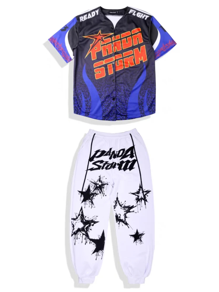 Neue Jazz Tanzen Outfits für Jungen Baseball Hemd Lose Hosen Anzüge Mädchen Ballsaal Hip Hop Dance Kostüme Bühne Leistung Tragen