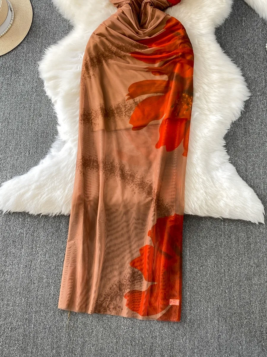 Foamlina Fashion Elegant Niche Lace Trim Halter Dress Women Summer Mesh Pleated Print Cinched Waist Maxi Dress Boho