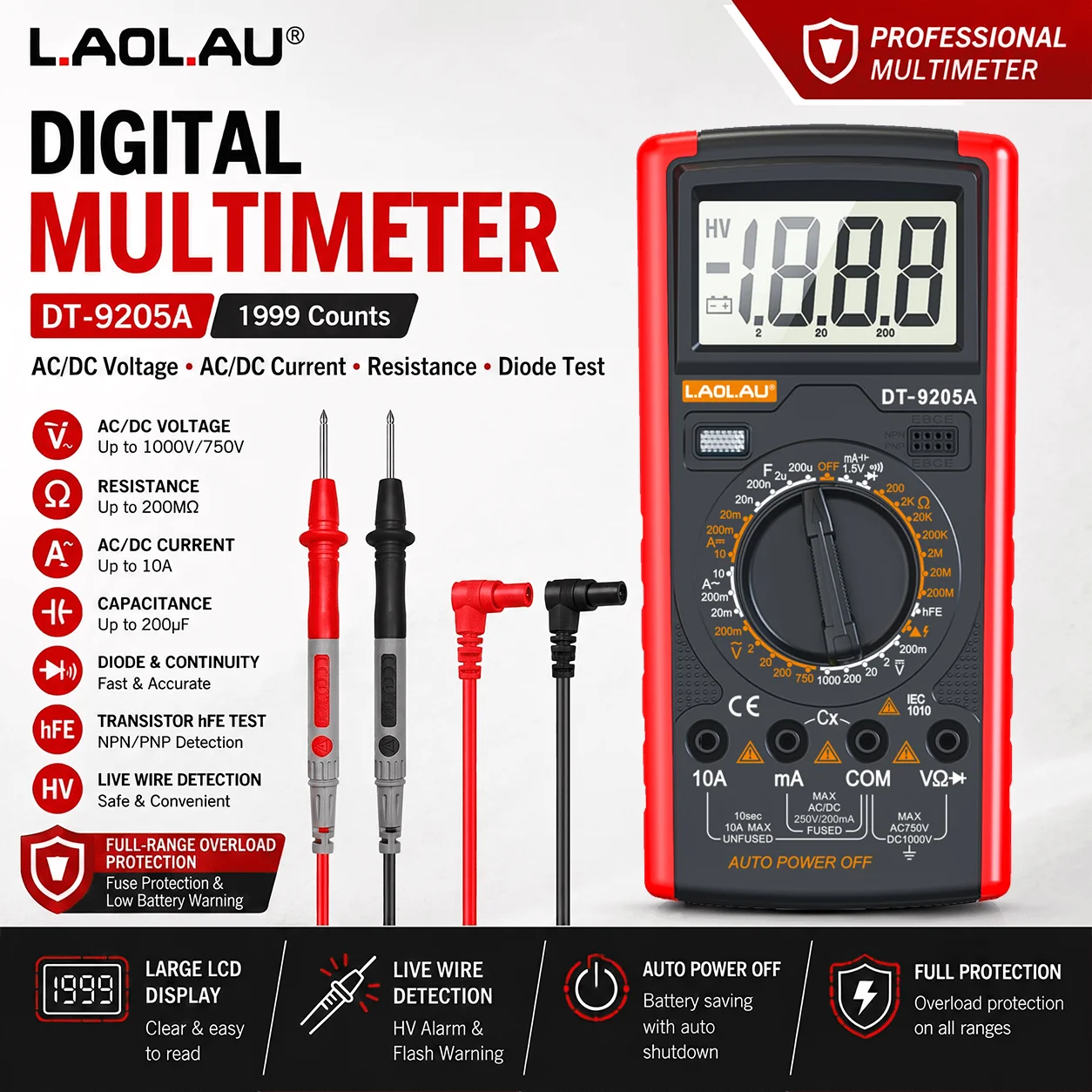 DT-9205A Digital Multimeter,1999 Counts LCD,AC/DC Voltage,Current,Resistance, Capacitance,Diode & Continuity Tester Manual Range