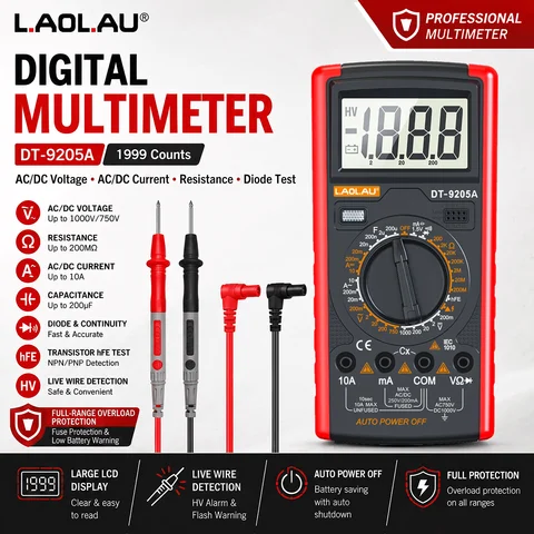 DT-9205A Digital Multimeter,1999 Counts LCD,AC/DC Voltage,Current,Resistance, Capacitance,Diode & Continuity Tester Manual Range