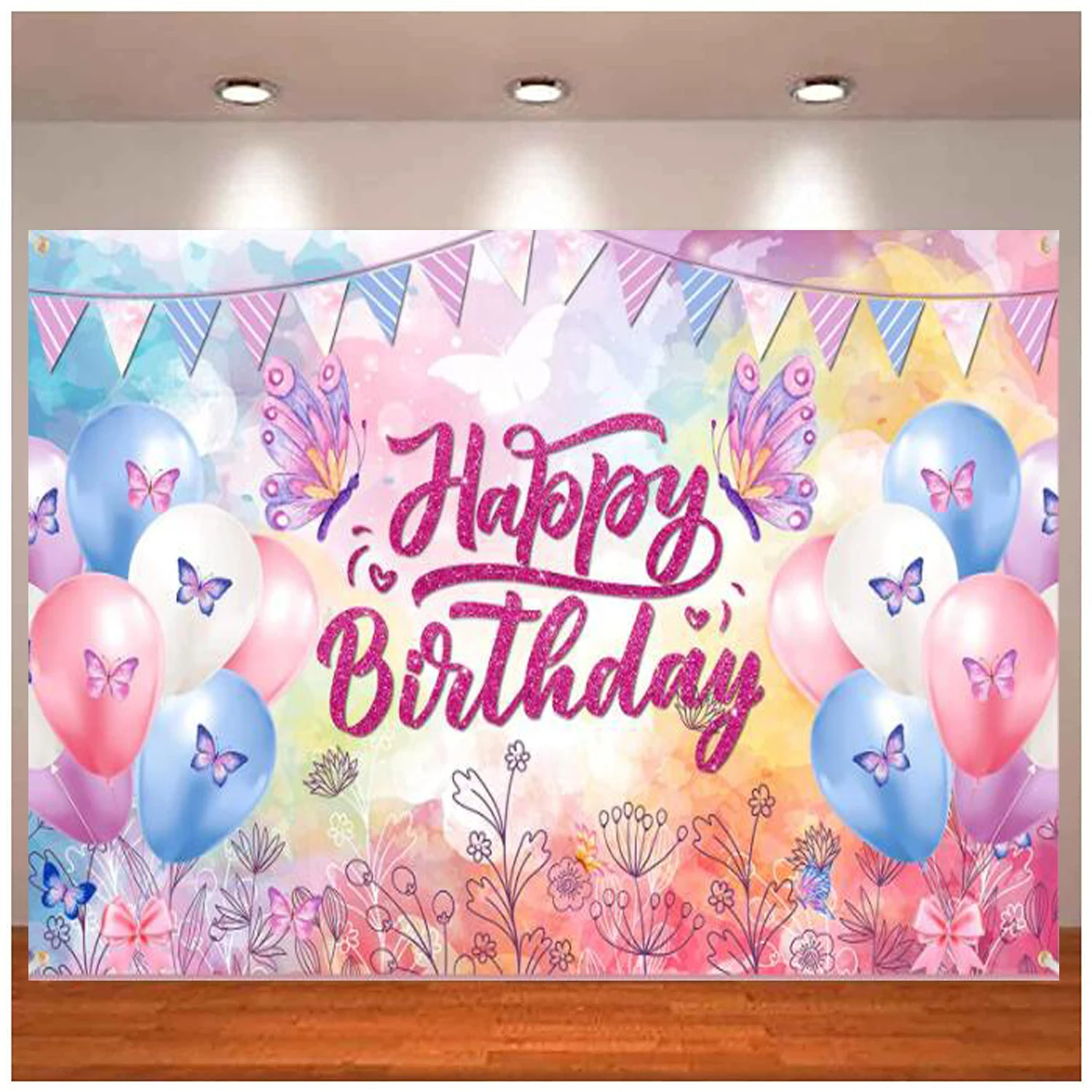 

Happy Birthday Banner Decorations Pink Blue Birthday Party Banner Backdrop For Kids Girls Women Butterfly Theme Party Background