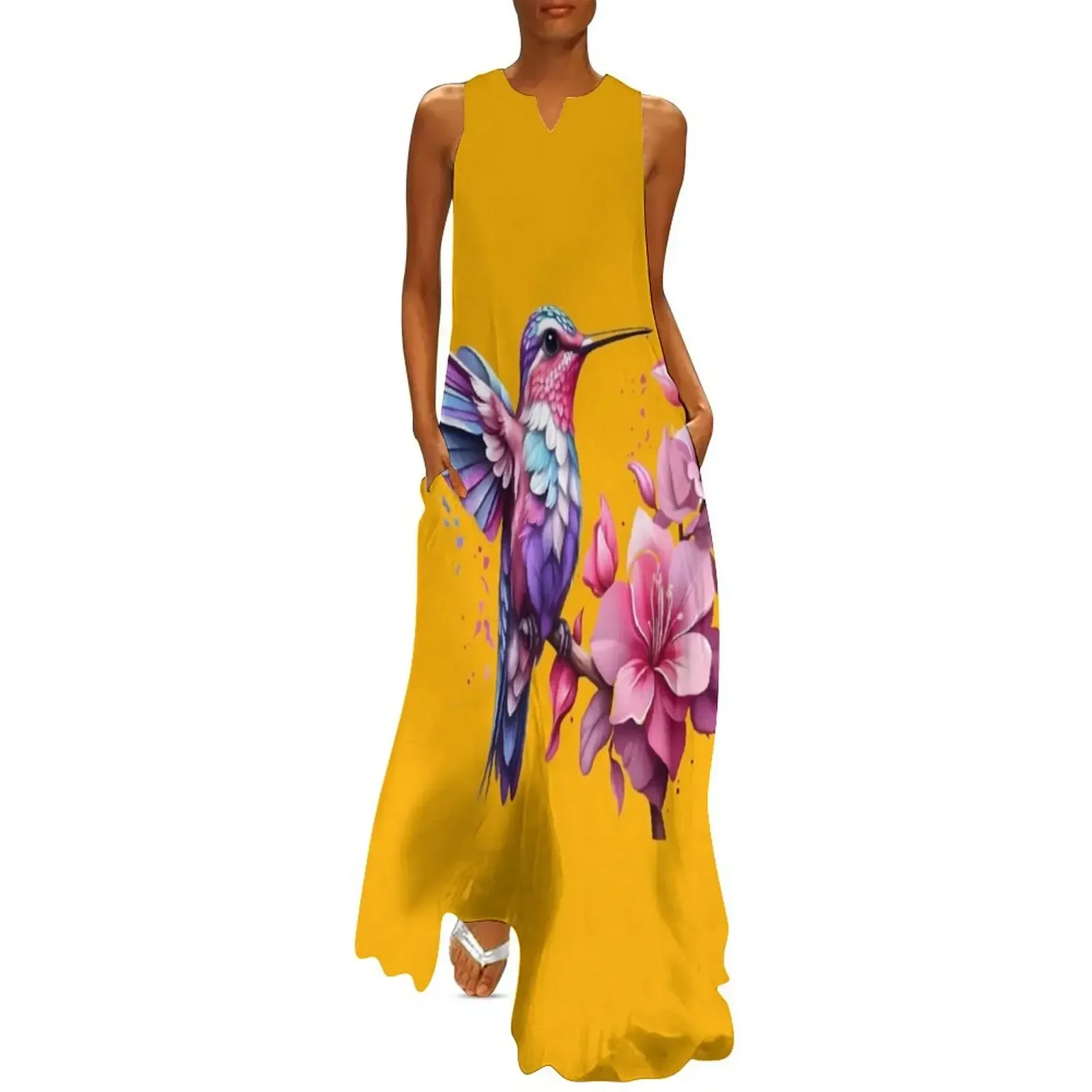 

Colorful bird with flower. Long Dress clothes for woman elegant women's sets Clothing female Women's summer skirt Dress