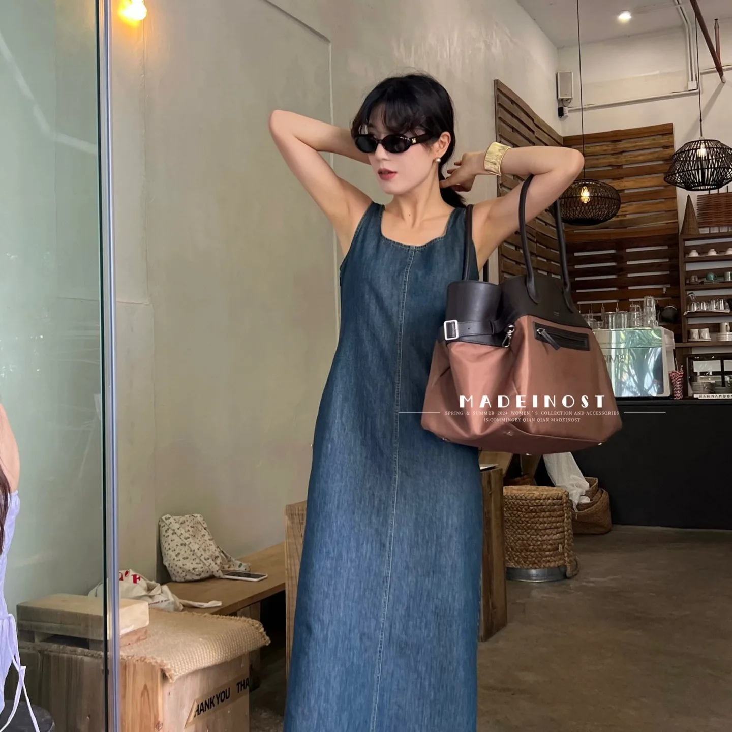 

2024 Women's New Vintage Denim Tank Top Dress Women's Summer High end Feeling Slim Long Dress