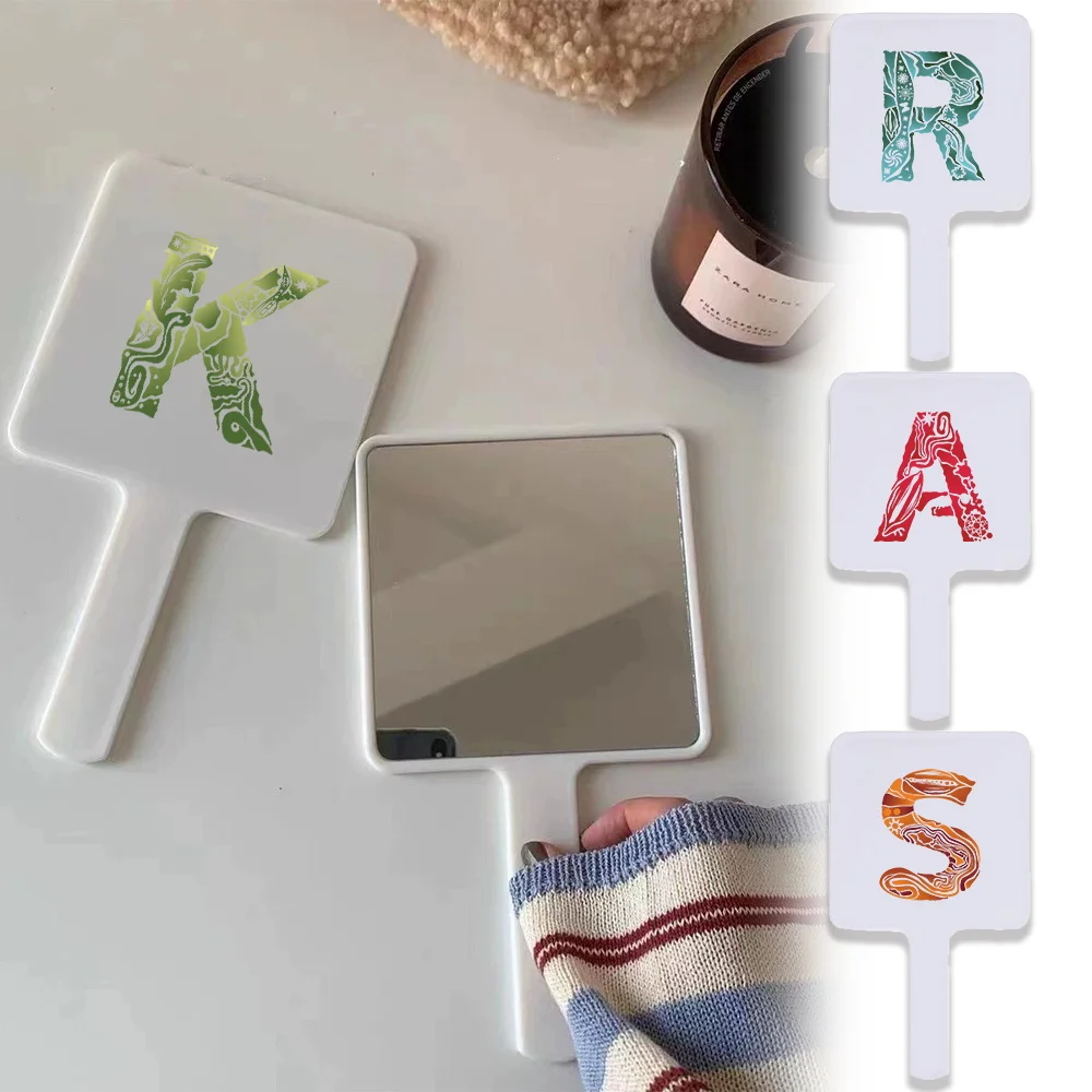 

1pc Handheld Square Makeup Mirror With Engrave Image Design Ideal For Travel Cosmetic Accessory Initial Name 26 Letters Pattern