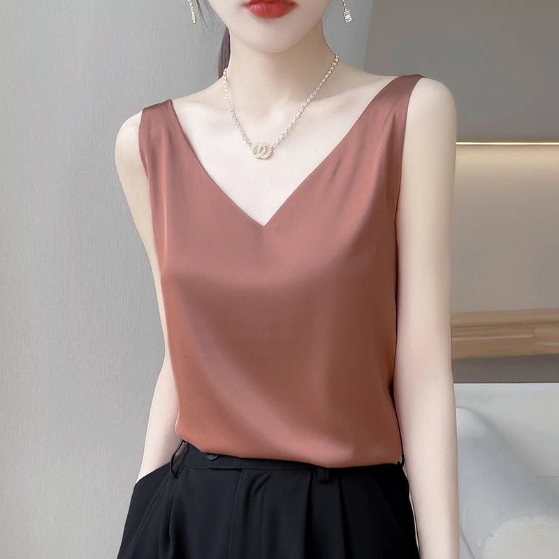 Summer New Ladies V-neck Silky Elegant Sleeveless Tank Top Basic Solid Satin Sexy Faux Silk Chic Top Short Fashion Camisole