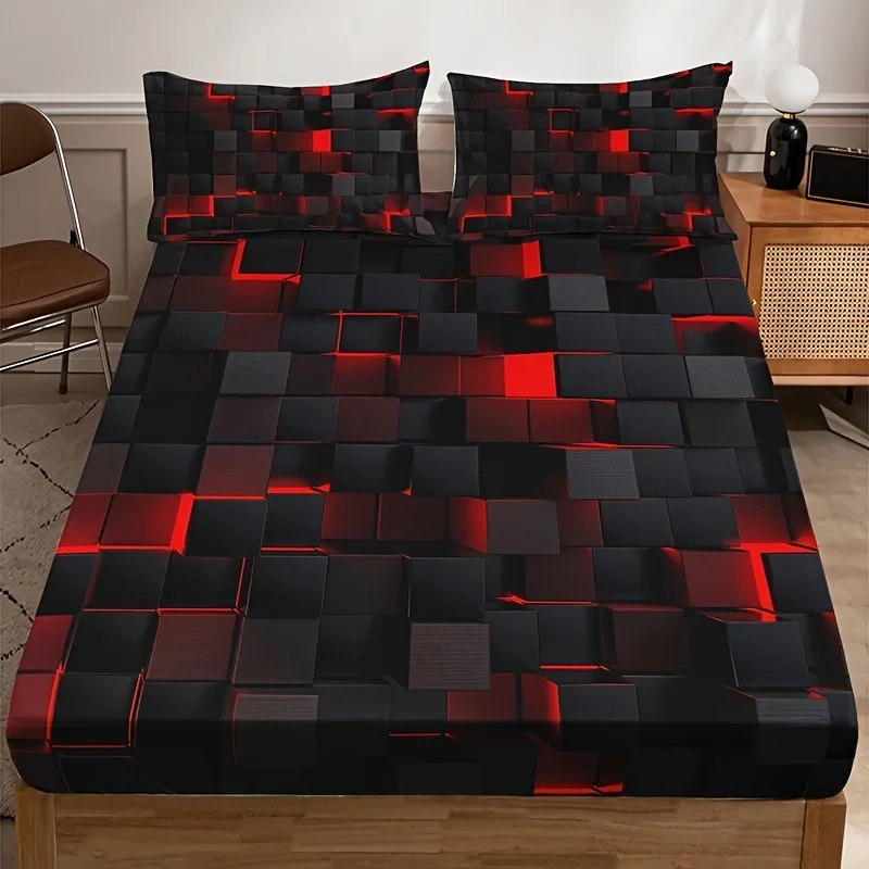 (1 Fitted Sheet + 2 Pillowcase) Soft HD Printing Bedding For Home Dormitory Technology-inspired Red Plaid Fitted Sheet Set
