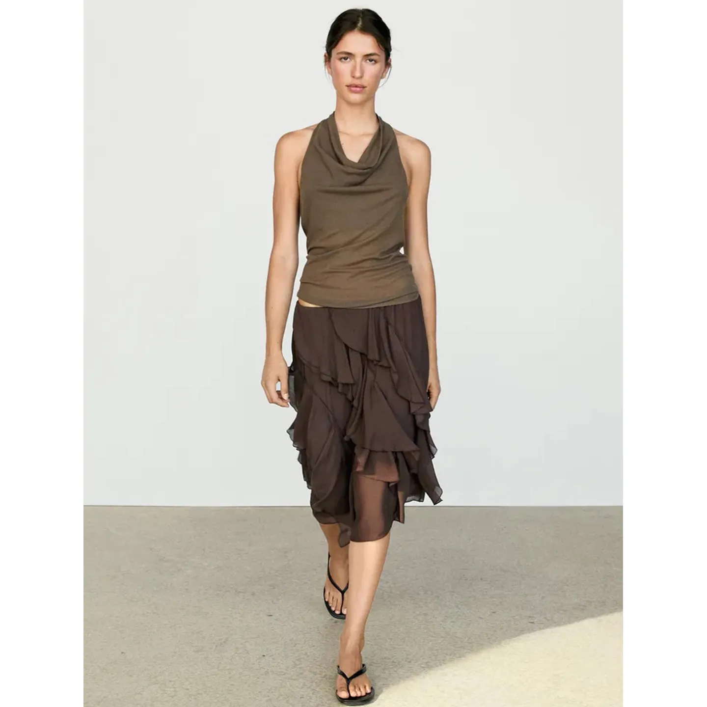 Summer New Women's Salt Style Layered Hem Midi Skirt Draping Feeling Half-length Skirt 2026 Season Polyester Fiber Washed