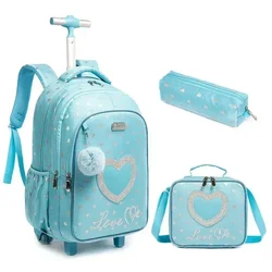 Mochila de rodas infantil com lancheira, Mochila de rolamento escolar com rodas, Trolley Bag para meninas