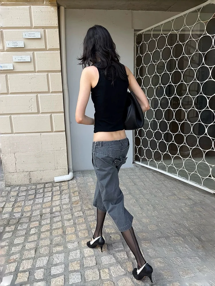 REDDACHiC Napoleon Denim Bermuda Shorts Woman Emo Gray Vintage Wash Low Rise Straight Baggy Carpi Cargo Jeans Grunge Streetwear