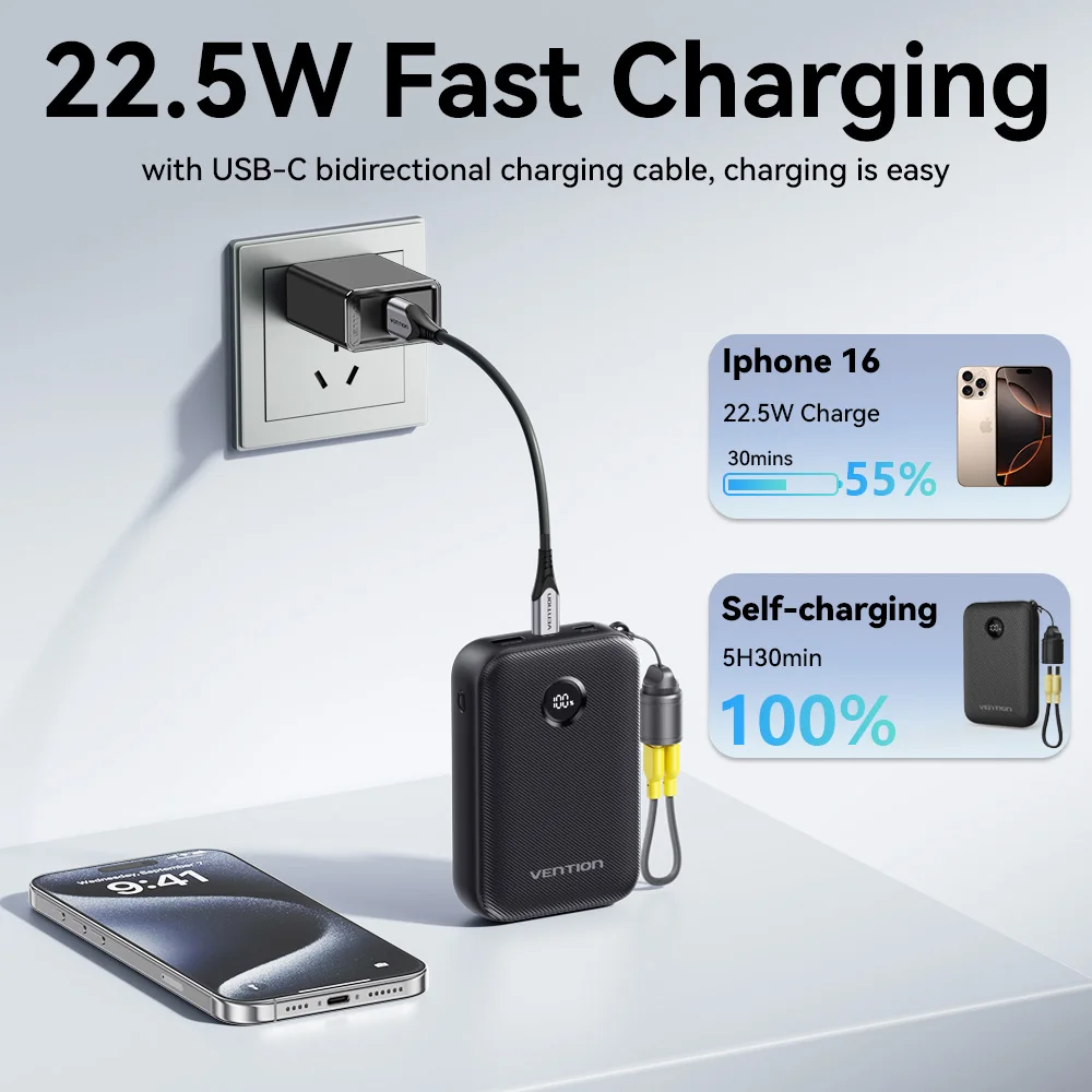 Vention Powerbank 20000mAh 22.5W شحن سريع بطارية مساعدة بنك الطاقة المحمول مع كابل USB-C آيفون سامسونج Xiaomi