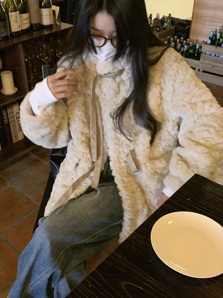 

Faux Fur Windbreaker Coat Women Casual Korean Furry Thick Warm Comfortable Faux Rabbit Fur Jacket Loose Winter Outwears B121