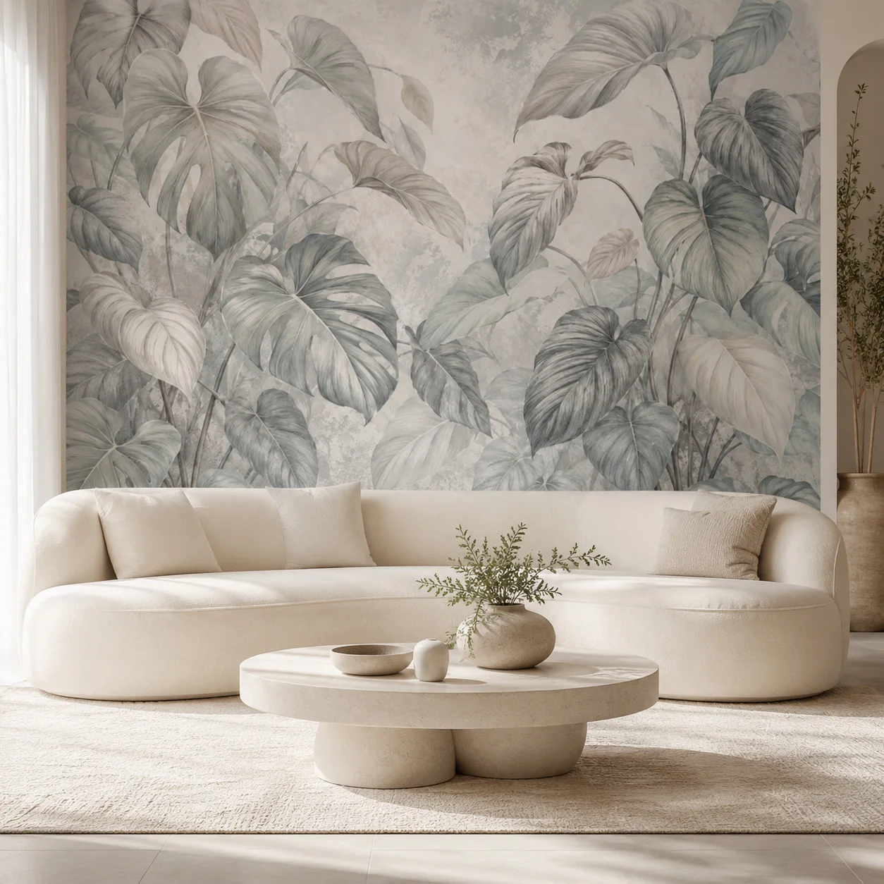 Vintage Tropical Leaves Wallpaper Mural Beige Gray Botanical Wall Art Modern Living Room Decor Non Self Adhesive Glue Required