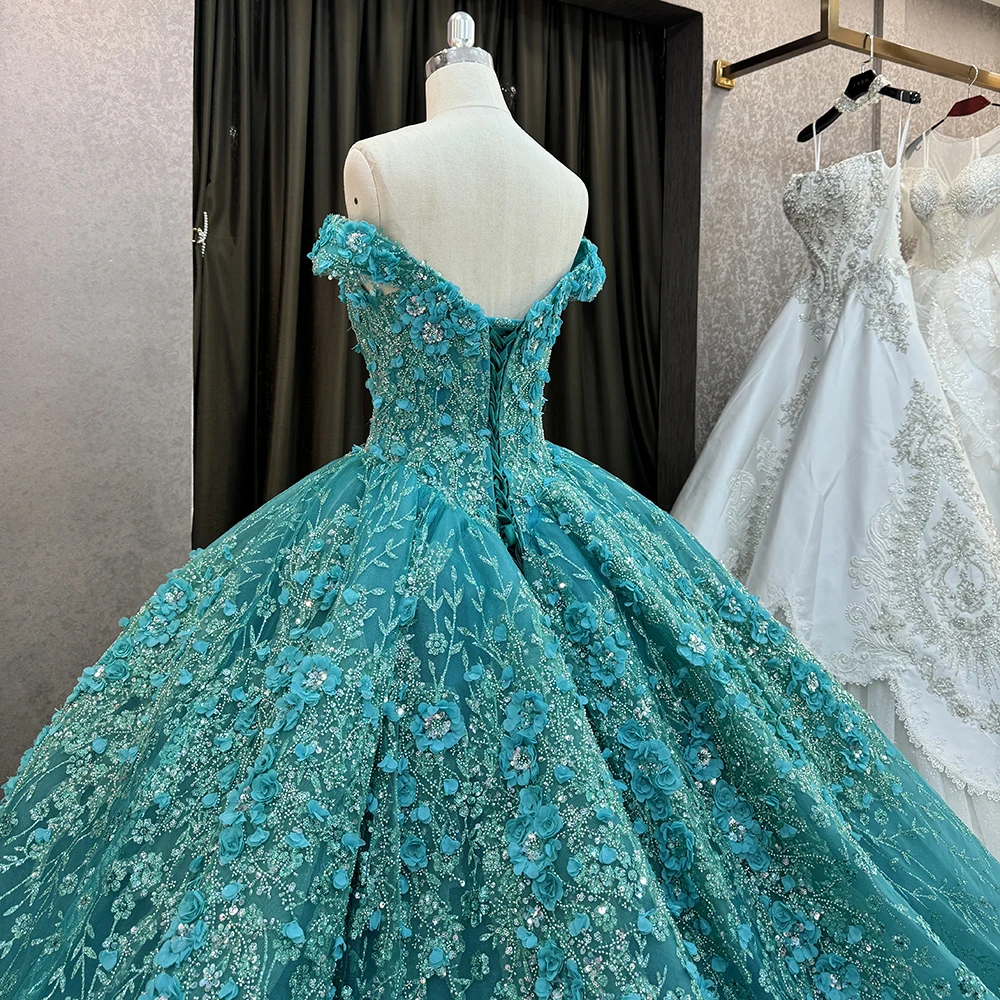 Green Quinceanera Dresses Beaded Handmade Sticker Embroidery Off The Shoulder Sweet 15 Party Prom Ball Gowns 6640-2