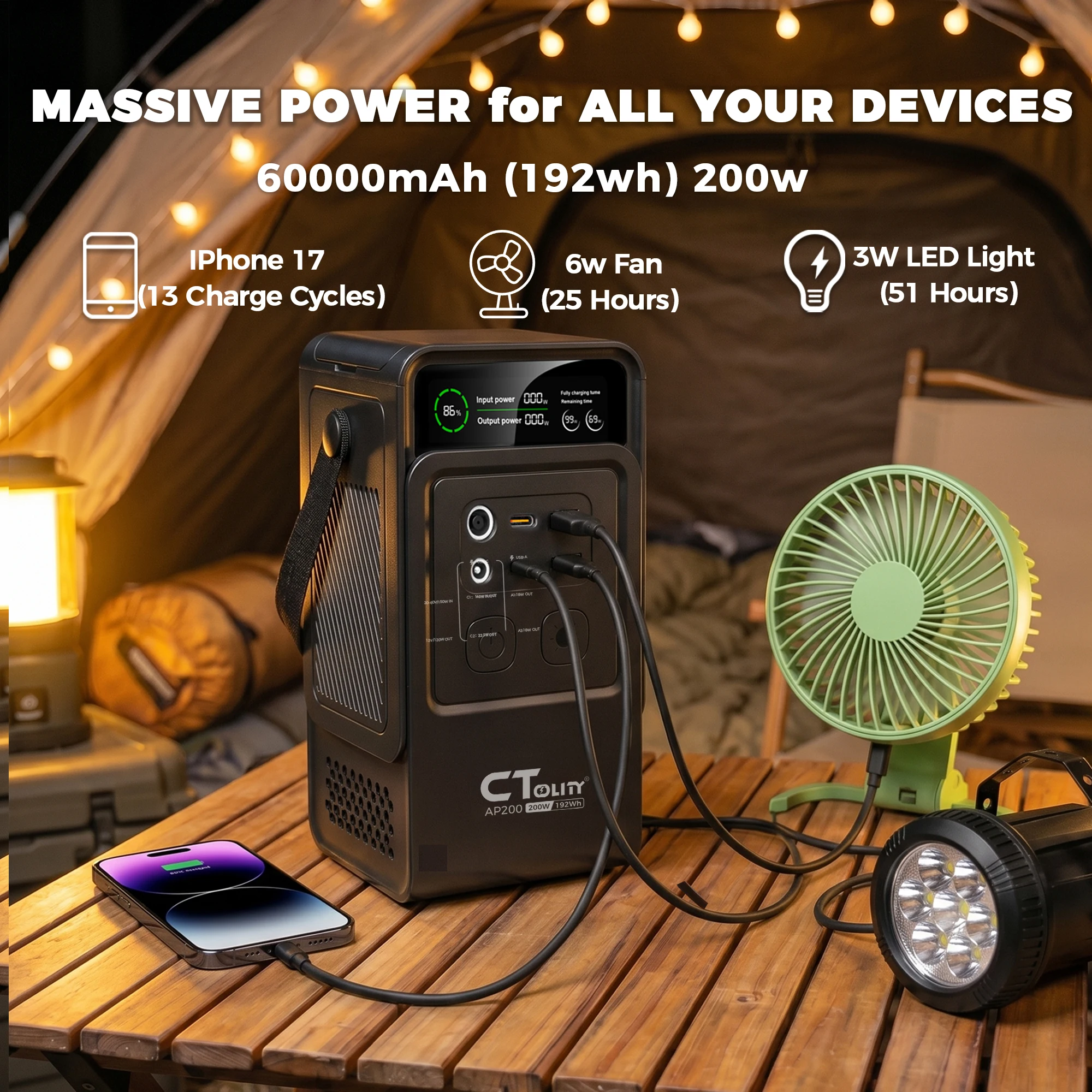 CTOLITY AP200 AP1000 Black style 200W/1800W Portable Power Station 192Wh/1024Wh 60000mAh/320000mAh LiFePO4 Battery Solar Generator UPS Function Emergency Power Supply for Camping Outdoor view 2