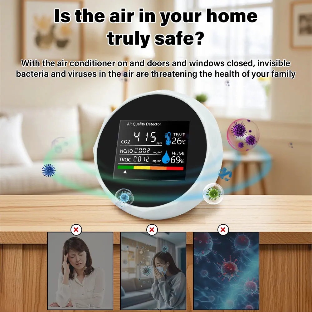 Digital 5 in 1 CO2 Monitor Temp Humidity Display and TVOC HCHO Detection Air Quality Tester for Home Office and Indoor Spaces