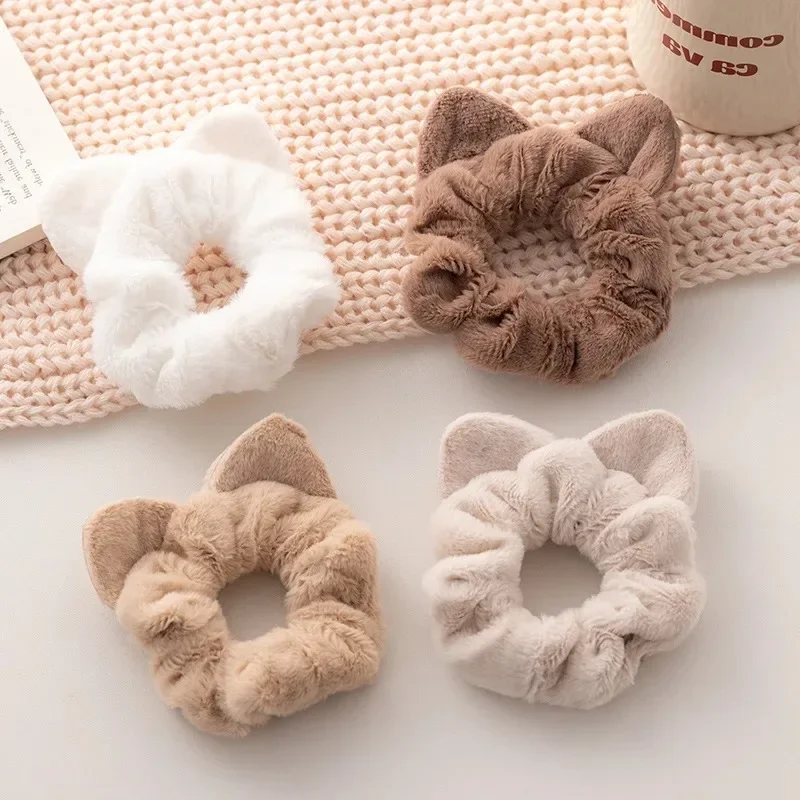 Cute Fluffy Hair Scrunchies for Women Girls Cat Ear Faux Rabbit Fur Hair Ties Soft Stretchy Elastic Head Bands Ponytail Ropes