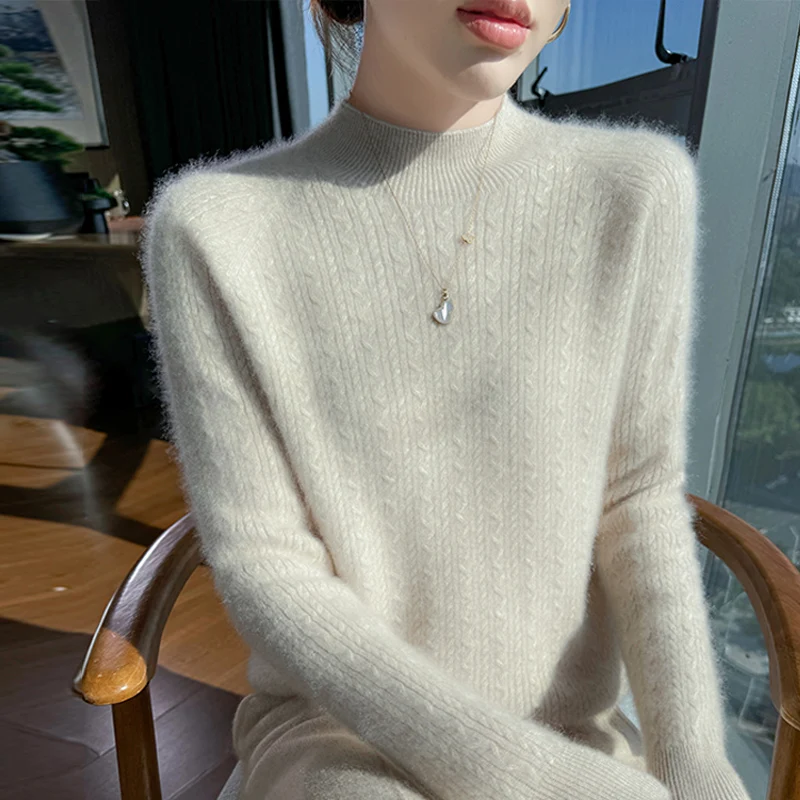 

Осень/зима, женская толстая трикотажная рубашка с полувысоким воротником из 100% чистой шерсти, теплый свободный свитер