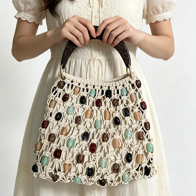 

Retro Hand-woven Hollow Beaded Handbag For Women High-end Luxury Elegant Handbag European American Fashion Lady Beach Bags